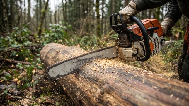 Person cutting large tree log with powerful chainsaw in forest