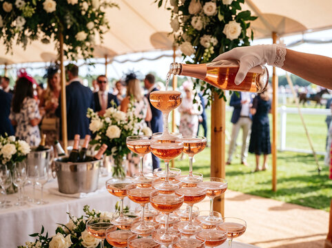 Pouring sparkling rose champagne into a glass tower at an outdoor luxury event