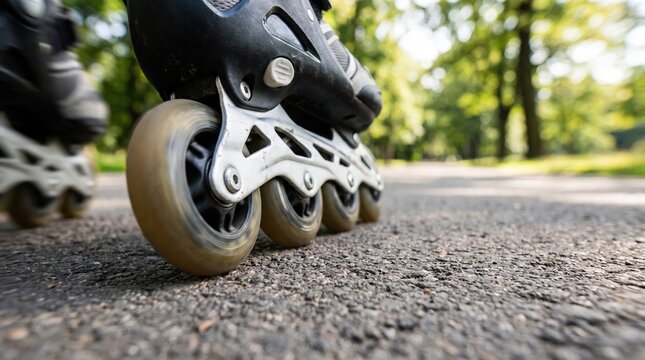 Close-up of inline skates rolling on a paved path in nature