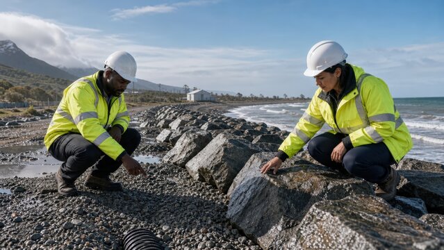 Subsea cable landing station - specialists inspecting rock armor after a storm