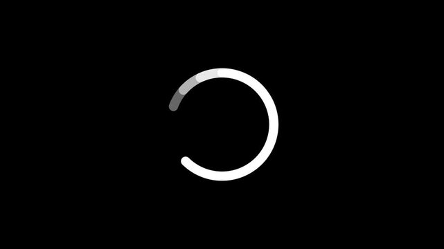 Minimalist white circular progress bar loading indicator spinner icon representing buffer system process download status element isolated on clean dark black background vector.4k video