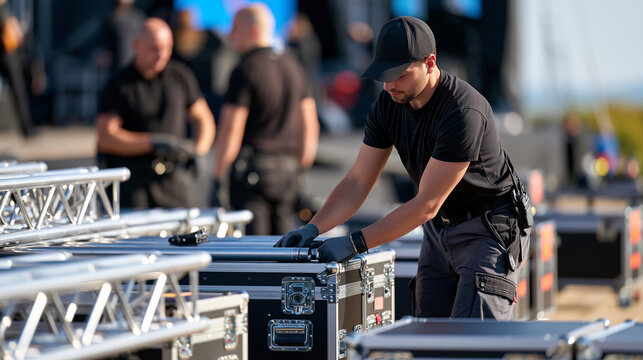 Professional stage technicians organizing metal truss components and equipment cases before an outdoor concert, event logistics, stage construction, production planning, technical