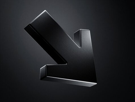 Black 3D metallic arrow points down against dark background. Minimalist brushed steel icon for web design, mobile app interface, digital navigation. Bold geometric symbol shows direction, decrease,