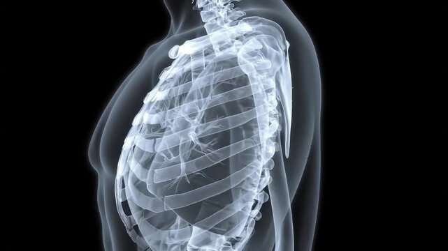 Human chest X-ray rotating between frontal and side views, showing the rib cage and spine for medical education