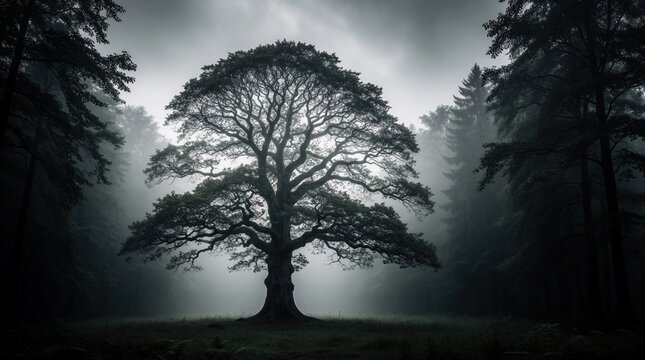 Lone old tree stands in misty dark forest under gray sky. Large deciduous tree with wide branches grows in foggy woodland. Moody atmosphere in wild nature landscape with dense vegetation, mysterious