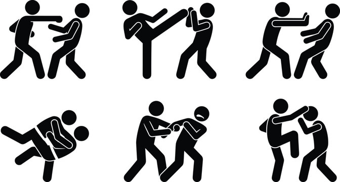Set of stick figure icons depicting various fighting and selfdefense moves including punching, kicking, grappling, and takedowns