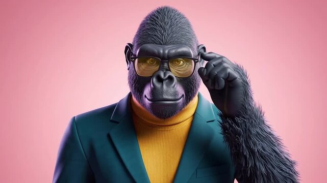 Stressed 3D Gorilla Businessman in Suit and Glasses on Pink Background
