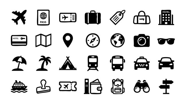 Travel and Tourism Icon Collection, Black Monochrome Vector Symbols Set