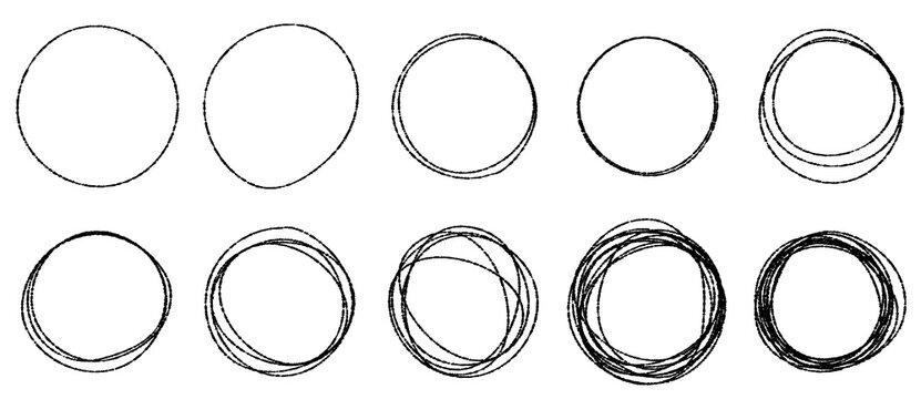 Hand-drawn black-line circle set: swirls, frames, copy space, emphasis marks, etc