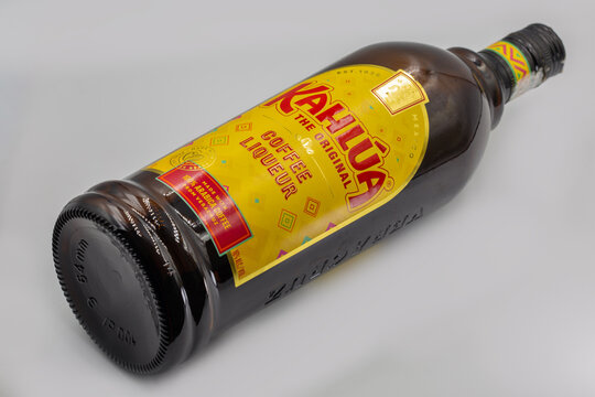 Kahlua original coffee liqueur bottle closeup on white.