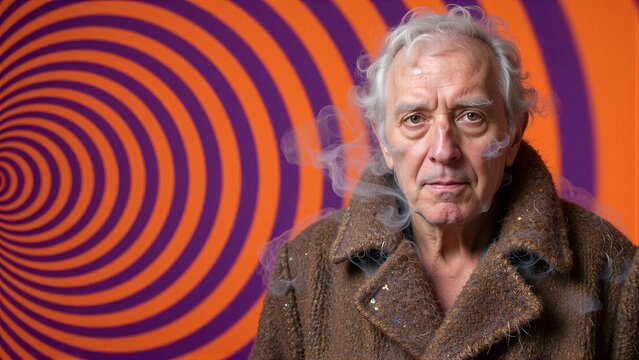 Old man smokes in front of hypnotic orange-purple spiral background.