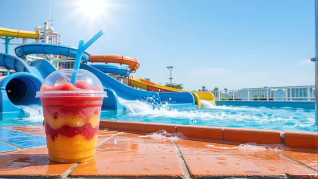 Colorful drink on tiled poolside with vibrant water slides and sunlit blue waves in background.