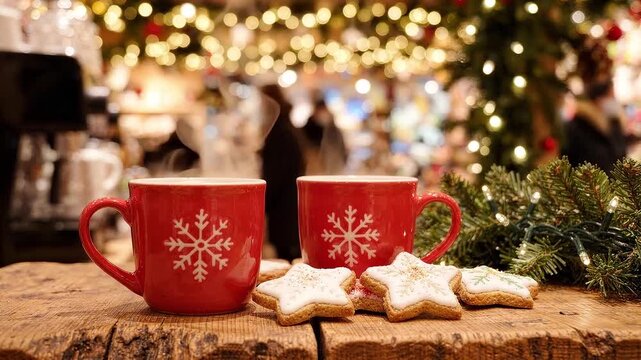 Christmas mugs and iced star cookies on a rustic table. Steaming holiday drink with evergreen tree and festive decor.