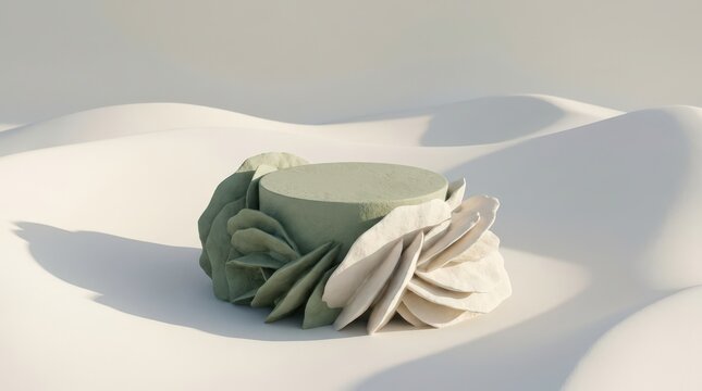 Podium pedestal mockup featuring green cylinder stage decorated with floral petal elements set against white desert dunes