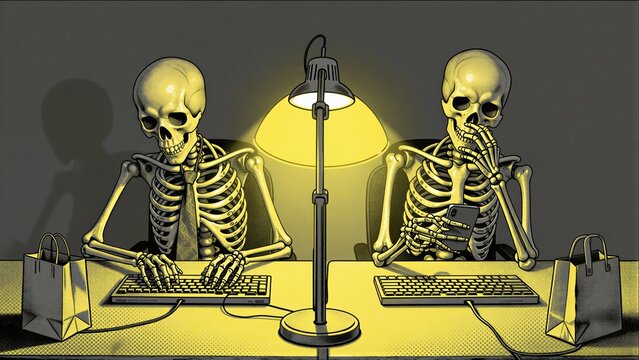 Skeletons work late, one typing, another scrolling phones under yellow lamp glow.