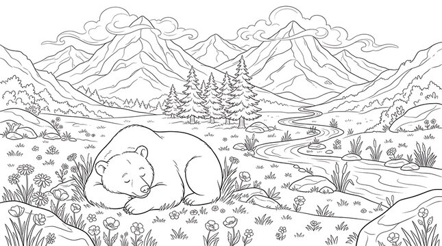 Black and white line art of a sleeping bear in a mountain landscape isolated on transparent background