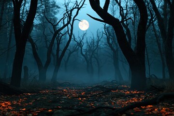Obraz premium Spooky woodland with twisted leafless trees and orange leaves under full moon mist