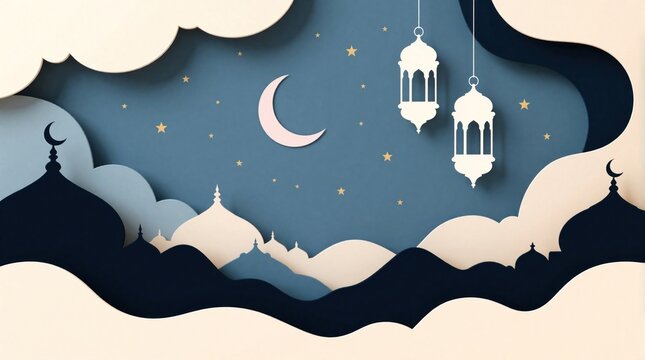 Paper cut style night sky with crescent moon and stars. Hanging lanterns and mosque silhouettes against blue background. Islamic holiday celebration design for Ramadan and Eid greeting cards.