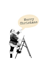 Obraz premium Creative artwork template sketch image 3D collage of christmas theme holiday winter season old man santa claus banner ladder greeting card