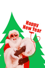 3D photo collage template trend artwork sketch of christmas tradition happy newyear winter funny snta laus man play joystick greeting card © deagreez