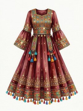 Traditional Afghan Kuchi Dress Watercolor Illustration with Intricate Embroidery, Mirror Work, and Colorful Tassels