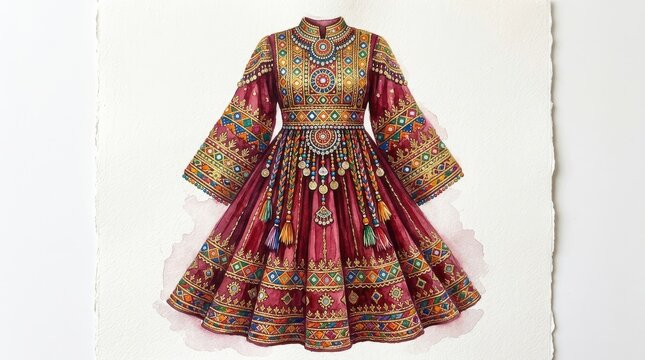 Traditional Afghan Kuchi Dress Watercolor Illustration with Intricate Ethnic Embroidery and Mirror Work Details