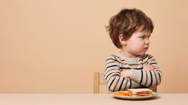 A determined and grumpy young boy, arms defiantly crossed, refuses to eat his healthy meal, illustrating a common struggle during childhood mealtimes and picky eating habits