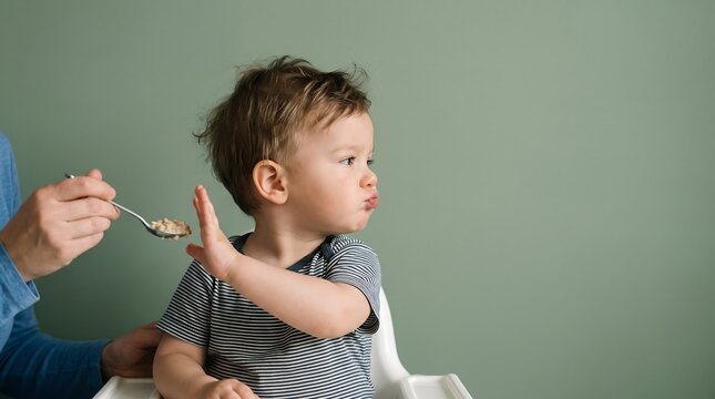 Cute toddler refusing to eat healthy food, pushing away a spoon with porridge while sitting in a high chair