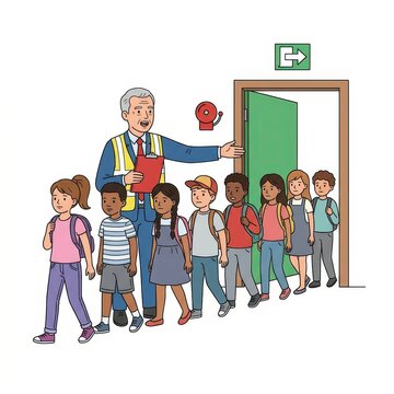 School children evacuating during a fire drill