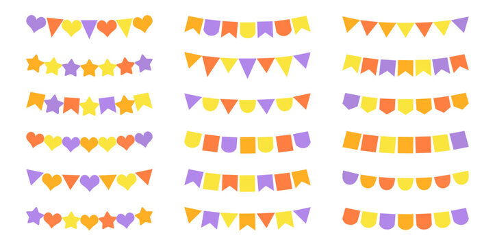 Halloween decoration flags set. Holiday color flag. Fall festive simple paper and garlands for children's party. Vector set