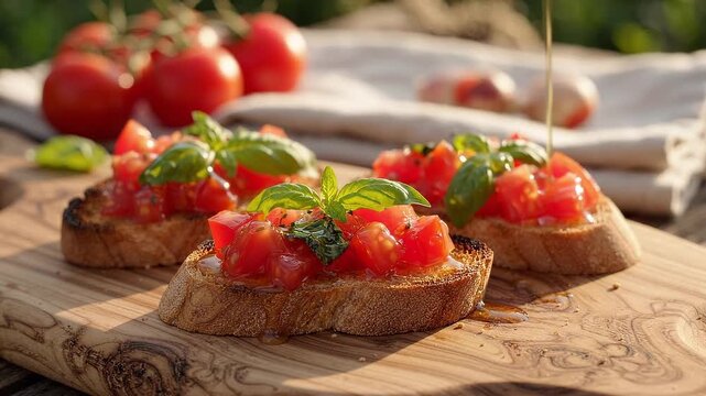 Tomato and basil bruschetta on rustic bread. Fresh Italian appetizer for summer dining and Mediterranean cuisine.