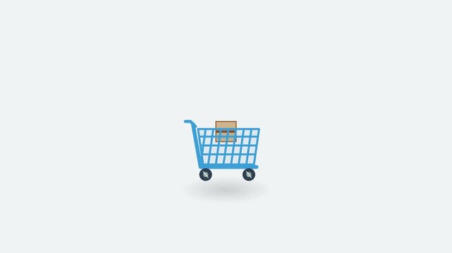 Animated blue shopping cart trolley moving with delivery boxes on a clean background for retail ecommerce and online business concept video animation