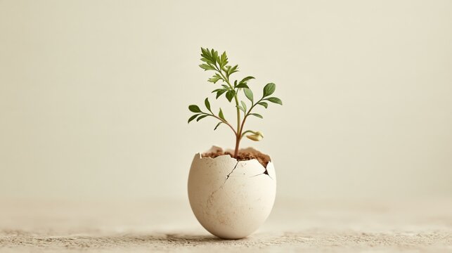 Small green seedling growing inside a cracked eggshell filled with soil.