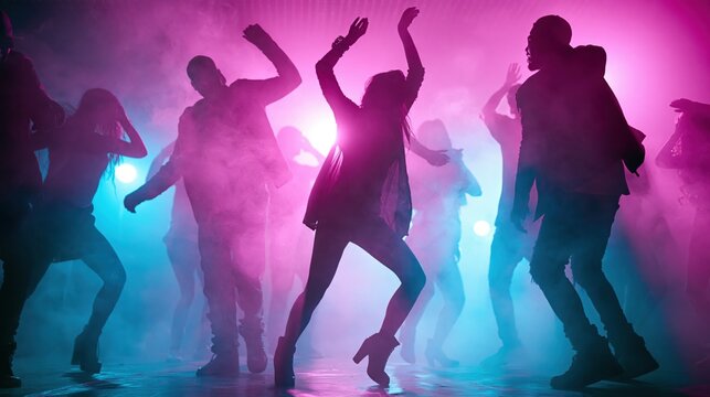 Group of young people dancing enthusiastically under pink and blue flashing club lights in a smoky atmosphere.