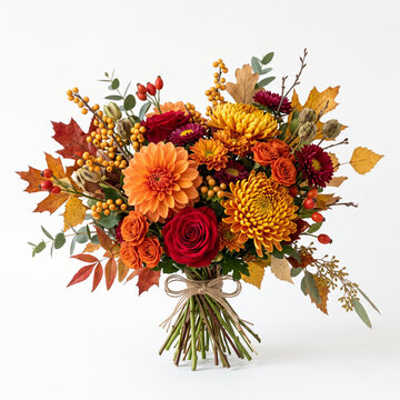 Stunning Autumn Flower Bouquet Featuring Vibrant Dahlias Chrysanthemums And Red Roses Isolated On A Clean White Background For Seasonal Greeting Card Design Decorations