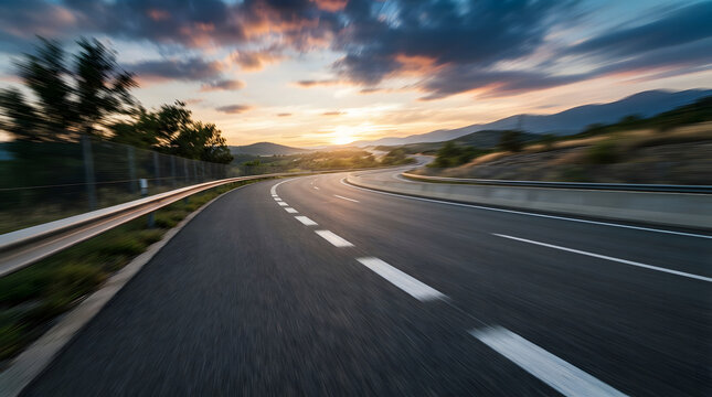 Curved asphalt highway road with motion blur effect under a colorful sunset sky in a mountain landscape