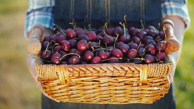 A close up shot of a person holding a wicker basket full of freshly picked red ripe cherries on a sunny day.