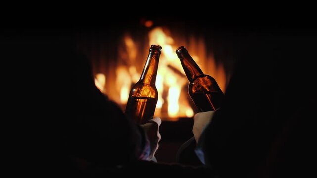 Two bottles clinking by fireplace, romantic evening and cozy atmosphere.
