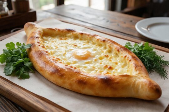 Adjarian Khachapuri Georgian Cheese Bread Boat with Egg Yolk, Parsley and Dill on Wooden Board