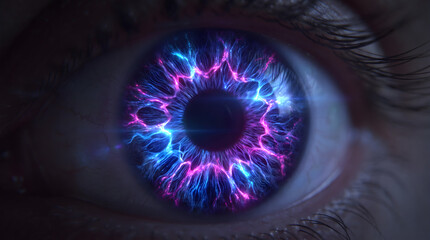 Fototapeta premium Macro close-up photograph of a detailed human eye featuring an iris filled with glowing blue and purple electrical energy patterns, representing advanced biometric technology, futuristic science, a...