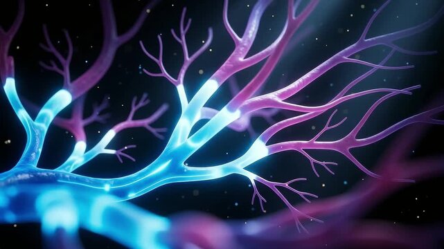 A detailed microscopic visualization of human blood vessels or neural networks. The intricate branching structures are illuminated with vibrant neon blue and pink light against a dark background, r...