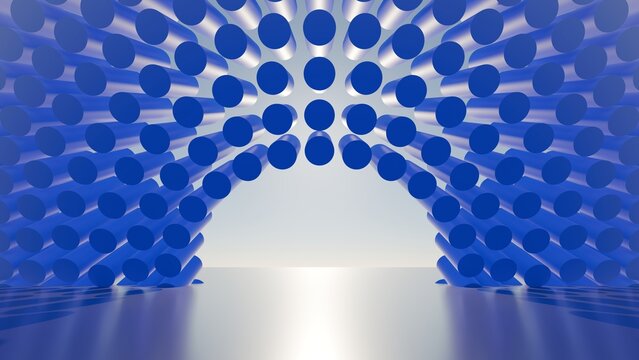 3D render of a futuristic archway built from blue cylindrical pillars on a polished surface, perfect for high-tech stage design, product presentation backdrops, or digital interface concepts