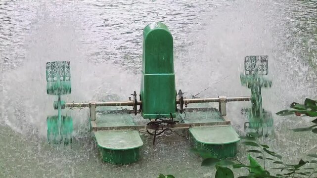 Paddlewheel aerator splashing water in an aquaculture pond, improving water circulation and oxygenation for sustainable fish farming and aquatic agriculture.