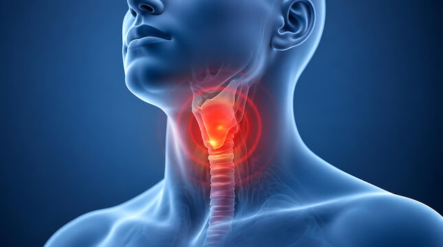 A detailed medical illustration showing a sore throat with a glowing red highlighted larynx and trachea, representing inflammation, pain, and respiratory infection within the human neck anatomy for...
