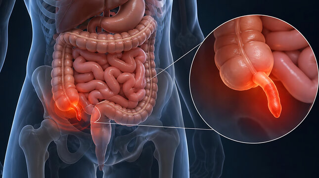 A detailed medical 3D illustration showing appendicitis, featuring an inflamed appendix within the human digestive system. The visualization includes a magnified callout highlighting the red, infec...