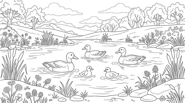 Black and white line art of a duck family swimming on a pond isolated on transparent background