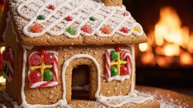 Decorated gingerbread house with icing and candy beside a fireplace. Christmas baking tradition, festive holiday dessert and homemade treat. Cozy winter home decoration and New Year celebration 