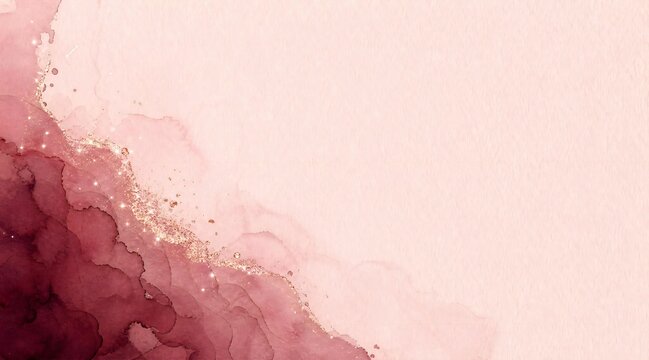 Burgundy watercolor lower corner with rose gold sparkles and pale blush copy space 
