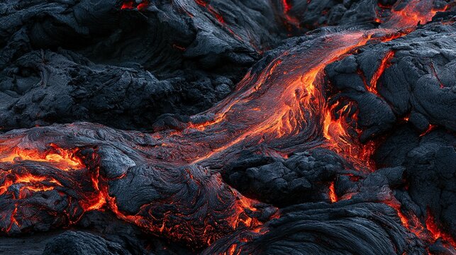 Glowing lava cracks in dark volcanic rock.