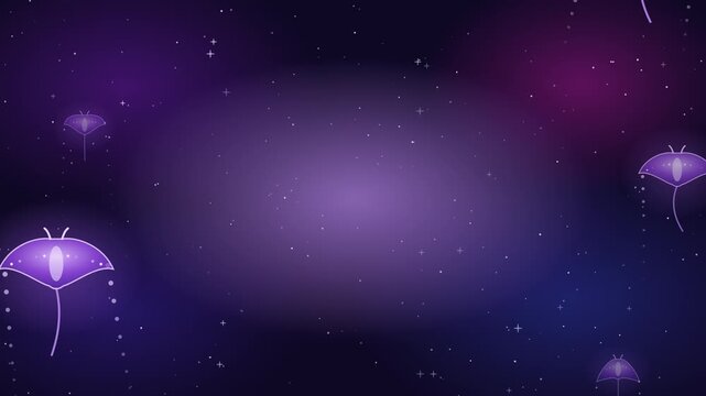 Glowing purple manta rays flapping through cosmic nebula seamless loop